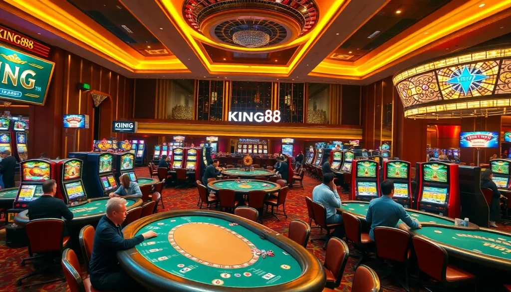 Excited players at KING88 casino gaming tables, engaging in high-stakes poker amidst vibrant slot machines.