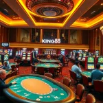 Excited players at KING88 casino gaming tables, engaging in high-stakes poker amidst vibrant slot machines.