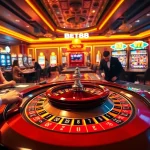 Exciting casino scene with players at a nhà cái bet88 roulette table, featuring vibrant slot machines.