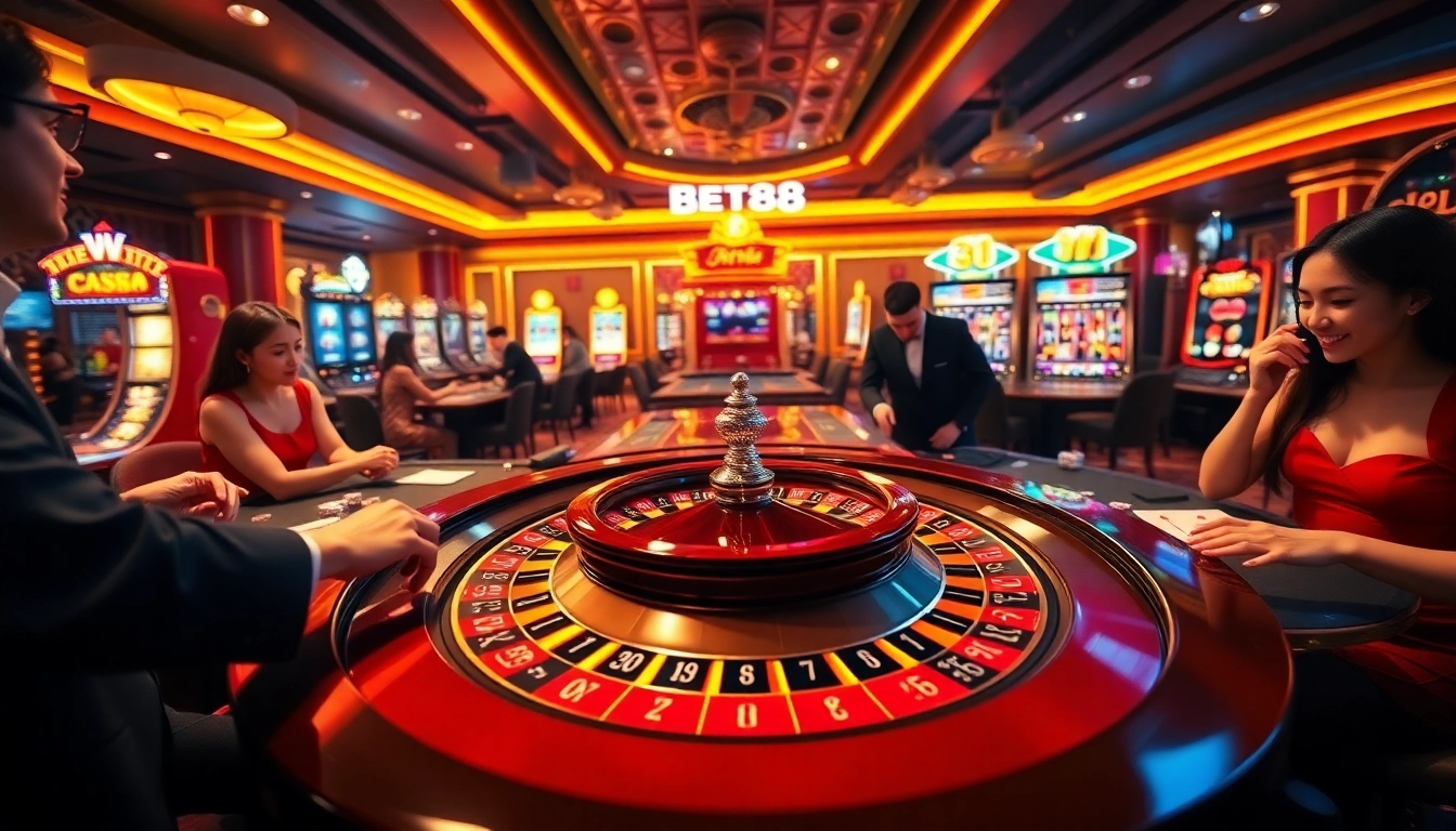 Exciting casino scene with players at a nhà cái bet88 roulette table, featuring vibrant slot machines.