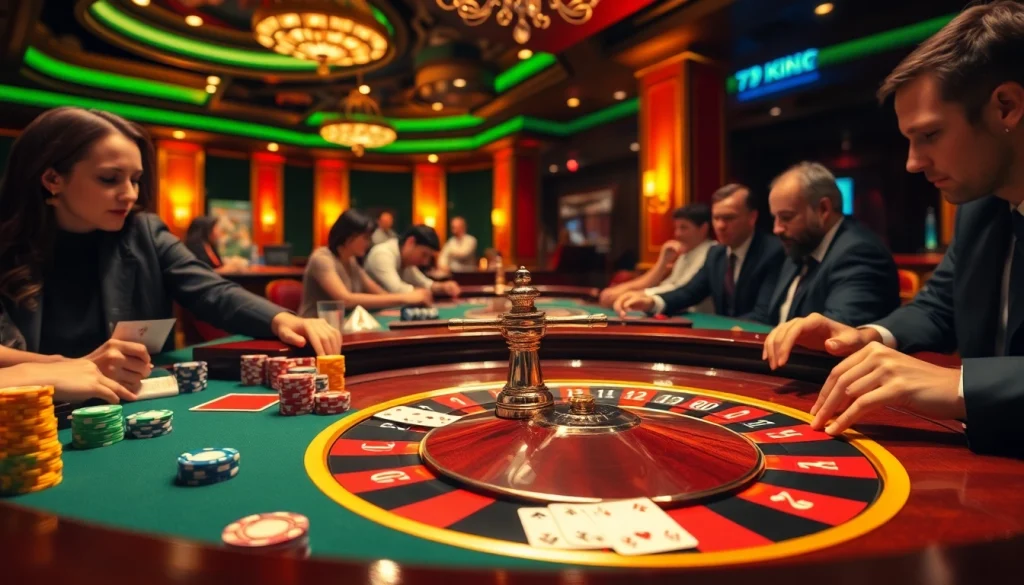 79King players excitedly engage with roulette, showcasing vibrant chips and dynamic betting at a lively casino.